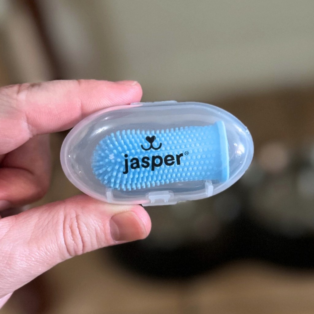 A blue silicone finger toothbrush for dogs with bristles inside of a plastic case.