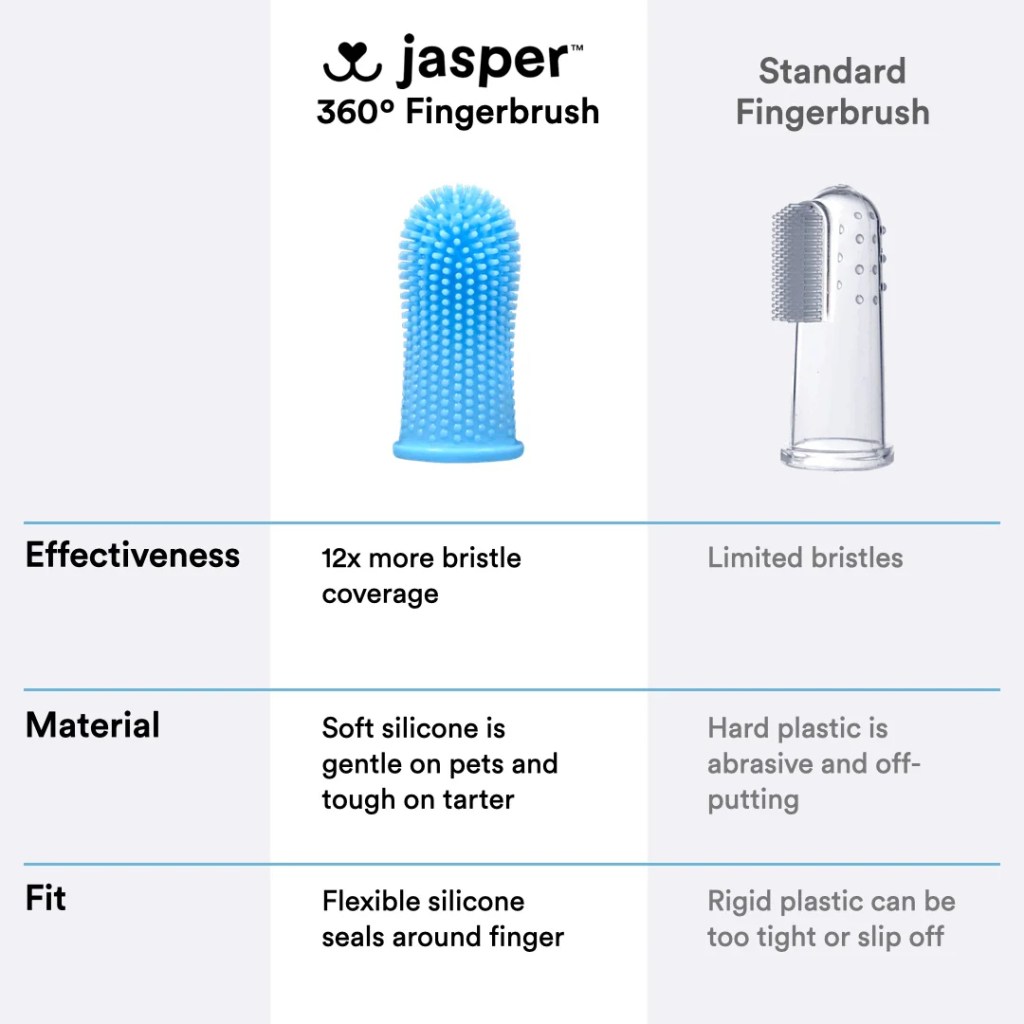 A comparison table of the Jasper tooth brush with standard hard plastic fingerbrushes.
